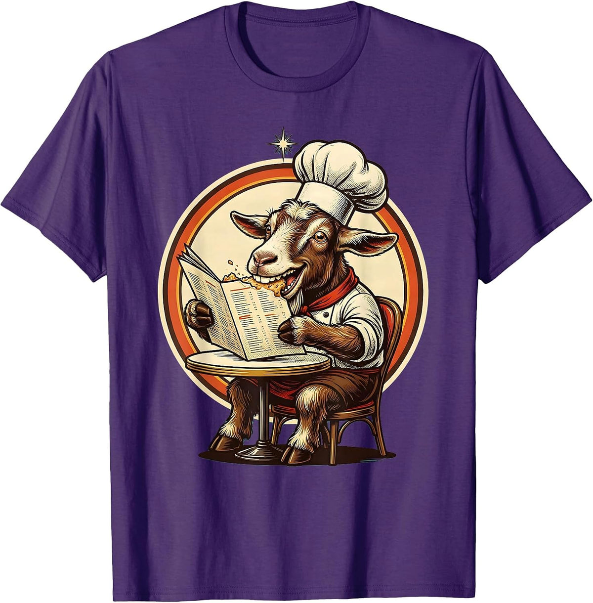 Funny Goat Chef Eating Its Own Menu Graphic T-Shirt - Purple