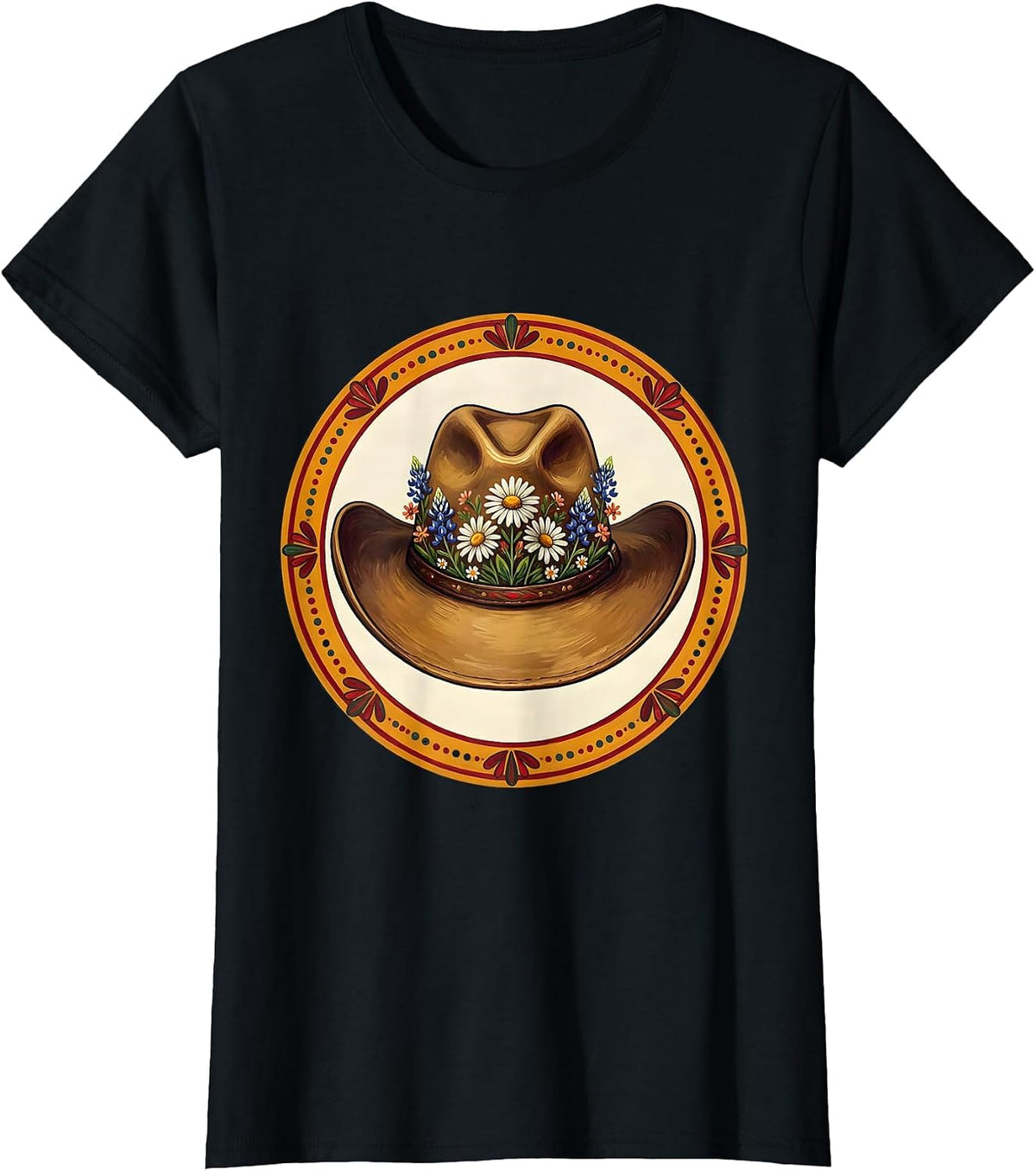 Cowgirl Hat Wildflowers Western Boho Illustration T-Shirt - Black