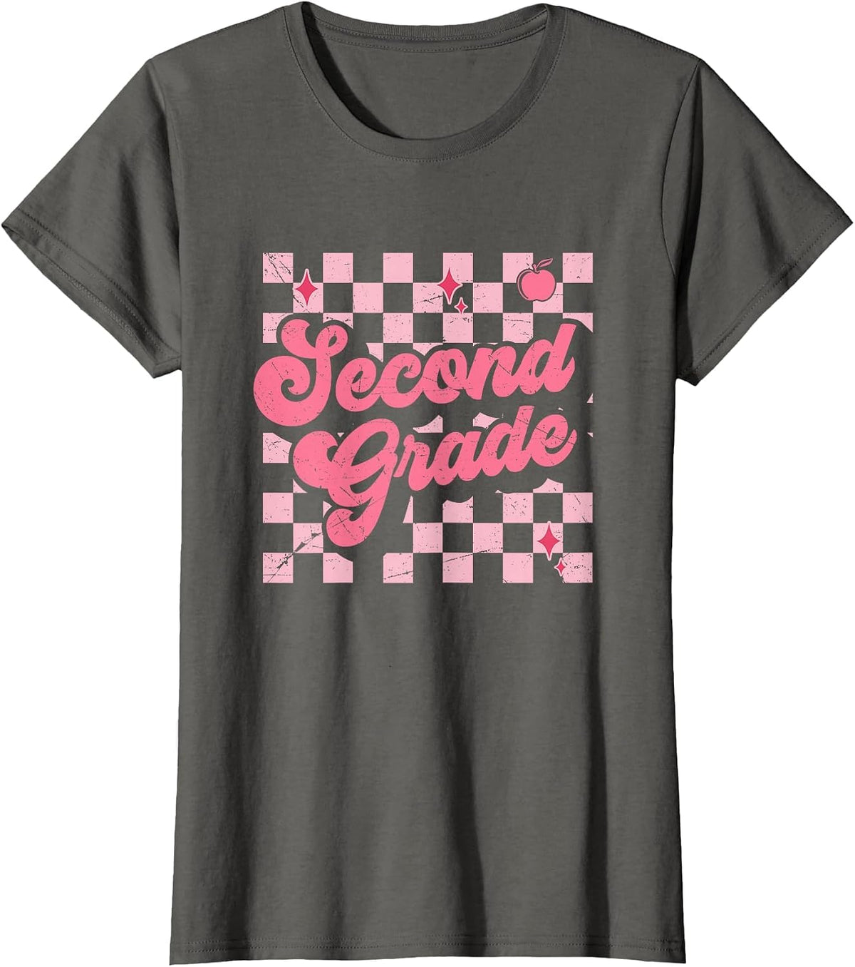 Second Grade Checkered Retro 2nd Grade Teacher Kid Girl T-Shirt - Asphalt Grey