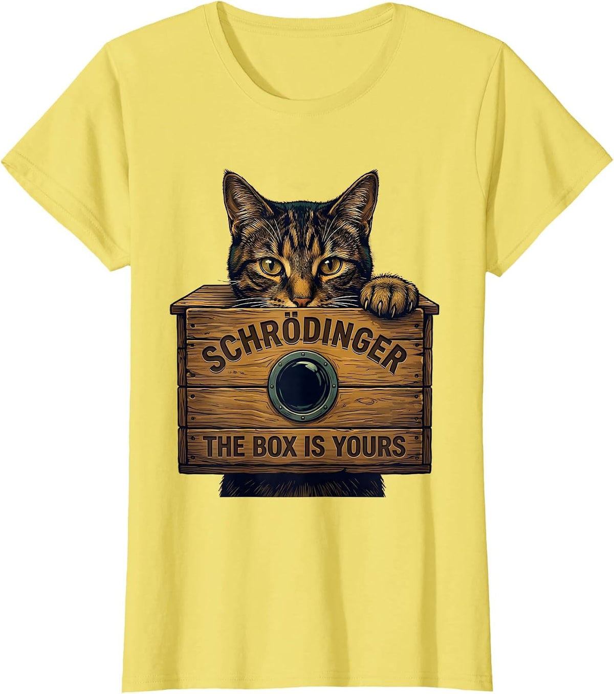 Women's Schrödinger, The Box Is Yours Funny Science Cat Lover T-Shirt - Lemon Yellow