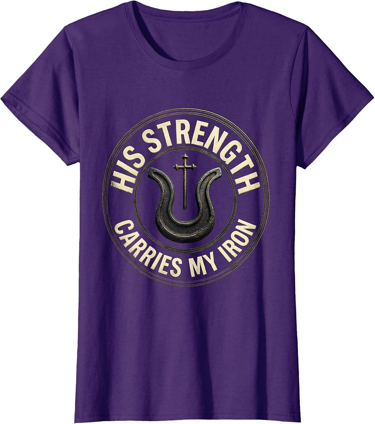 Women's His Strength Carries My Iron Faith-Based Gym Christian T-Shirt - Purple
