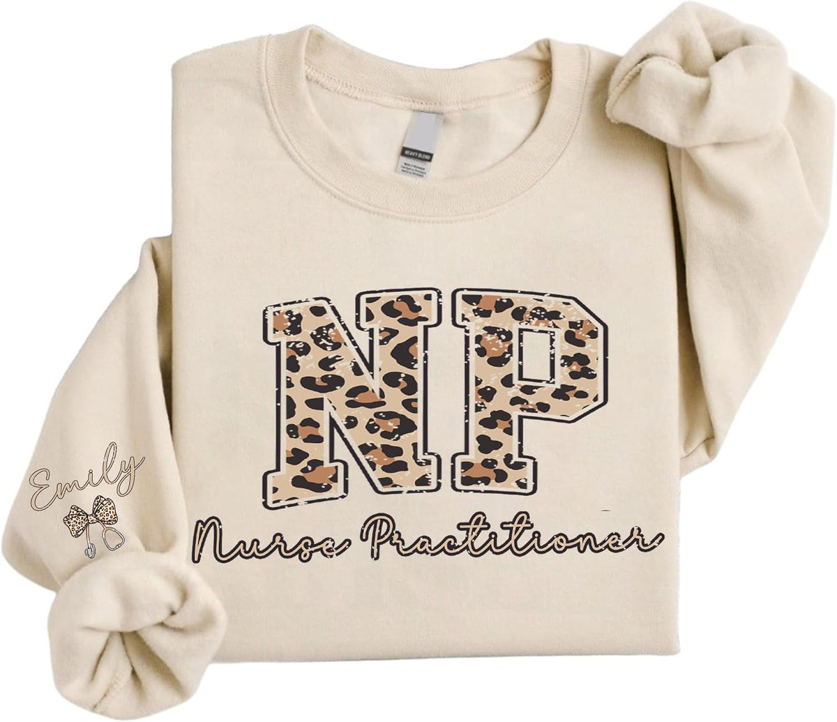 Personalized Nurse Sweatshirt, Custom Leopard Print Comfort Colors Crewneck, Retro Varsity Medical Staff Top - Np Nurse