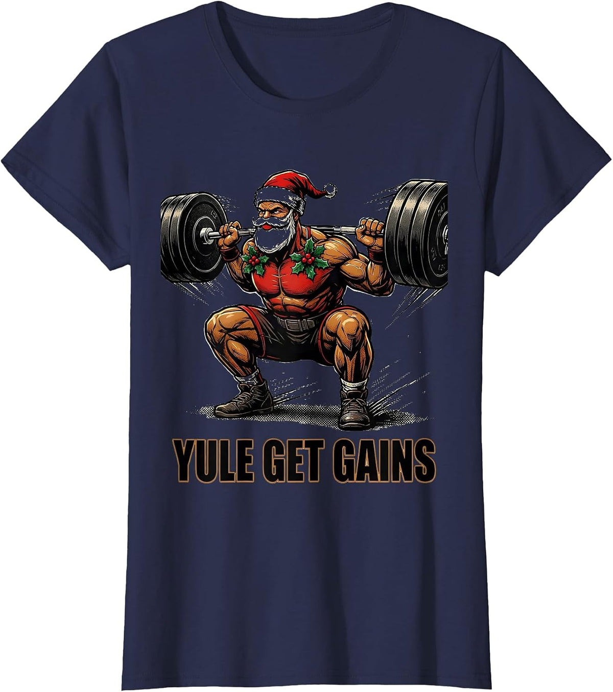 Women's Yule Get Gains Funny Christmas Gym Workout Weightlifting T-Shirt - Navy Blue