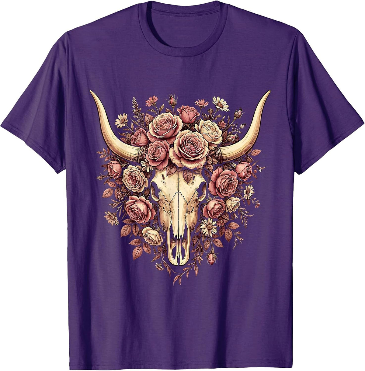 Longhorn Skull Flower Crown Western Boho Design T-Shirt - Purple
