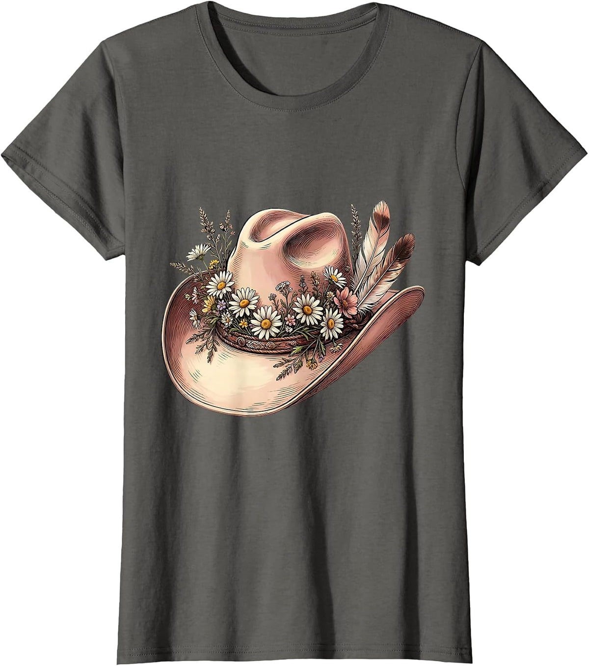 Women's Wildflower Cowgirl Hat Western Graphic Design T-Shirt - Asphalt Grey