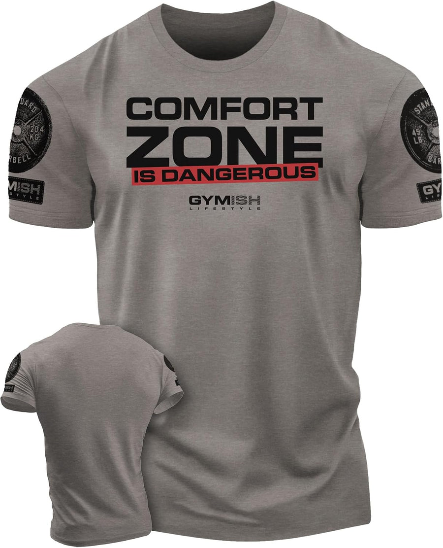 Gymish Lifestyle Comfort Zone is Dangerous Gym Shirt for Men, Workout Tee - 3. Comfort Zone Warm Grey Branded