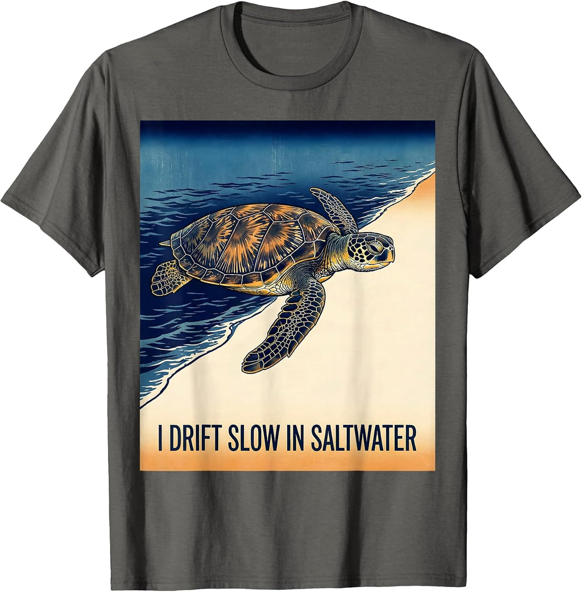 Men's I Drift Slow In Saltwater Ukiyo-e Sea Turtle Lover Beach T-Shirt - Asphalt Grey