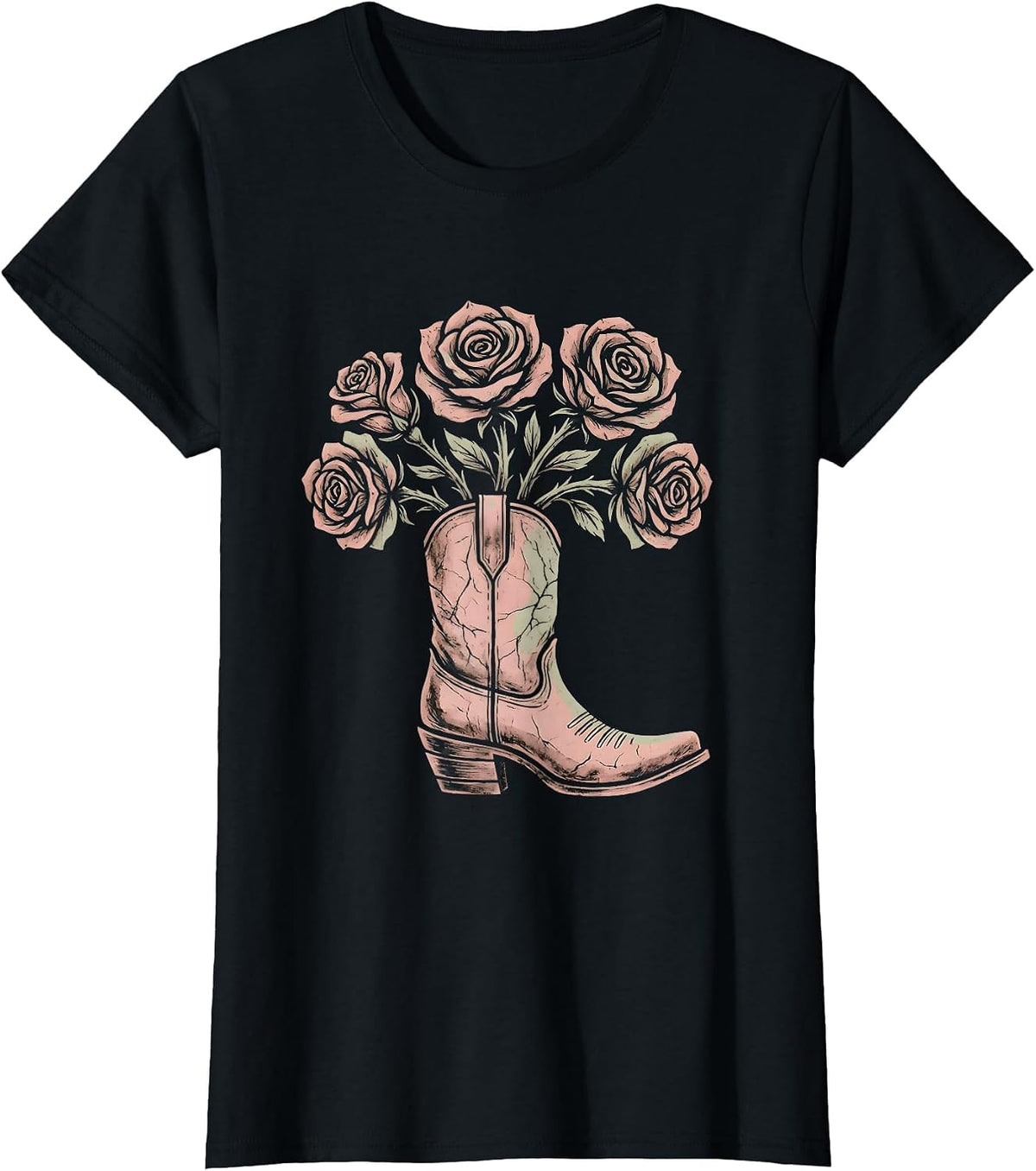 Western Boots with Roses Floral Illustration T-Shirt - Black