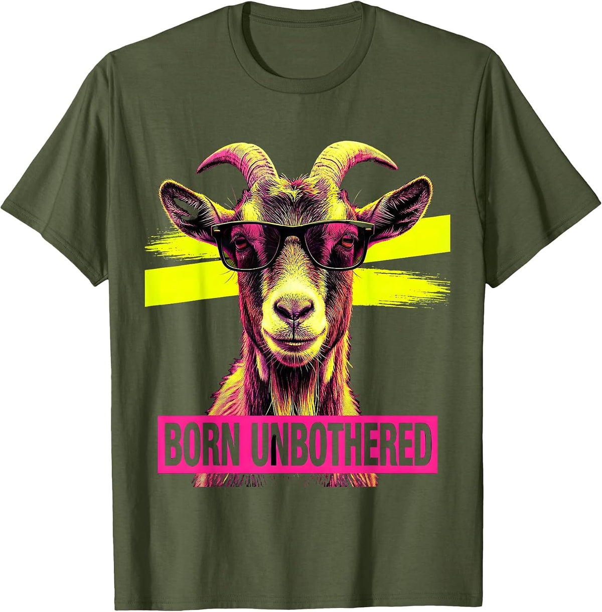 Born Unbothered Risograph Goat Sunglasses Animal Humor T-Shirt - Olive Green