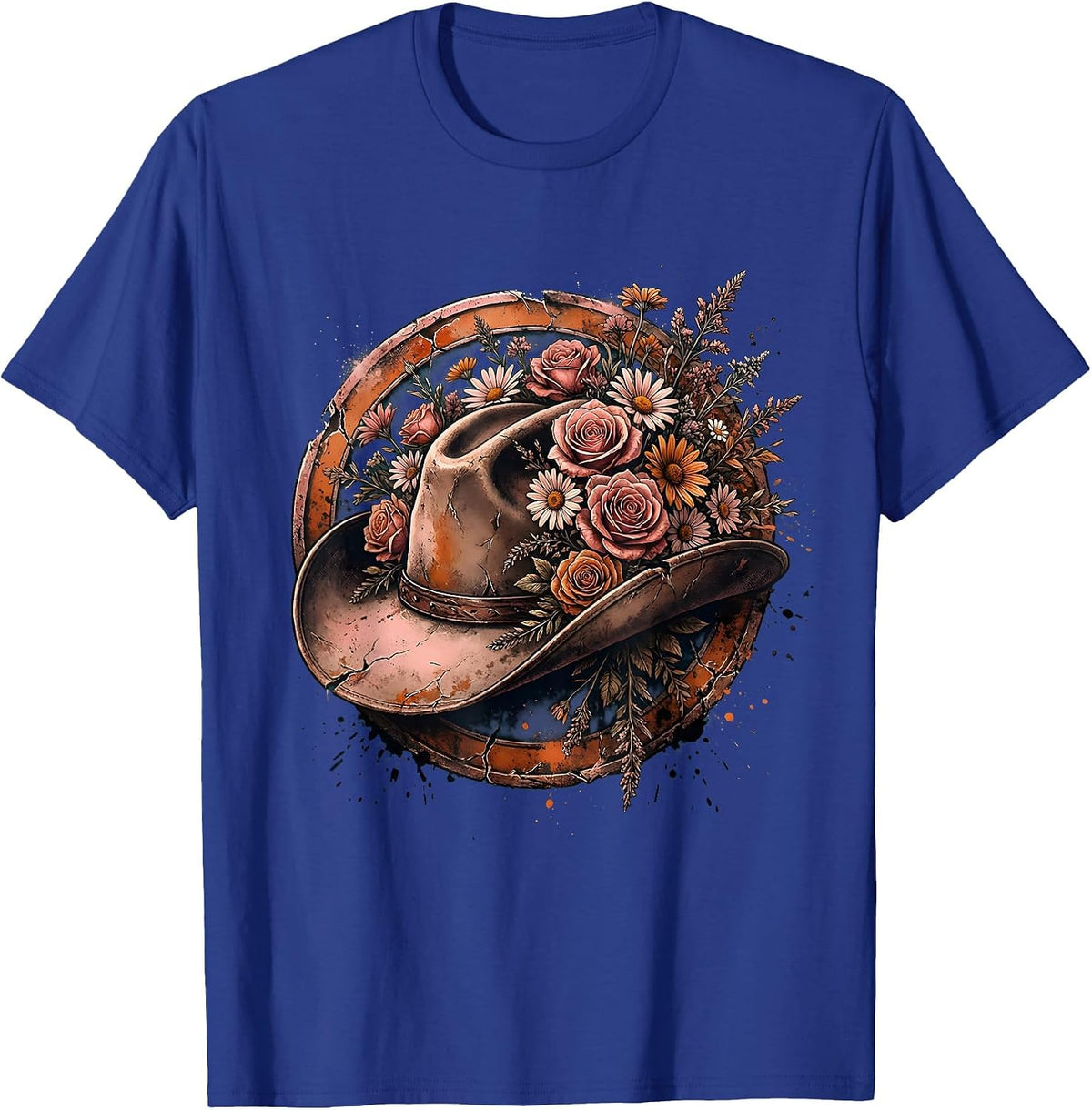 Floral Cowboy Hat Boho Western Wildflower Design T-Shirt - Royal Blue