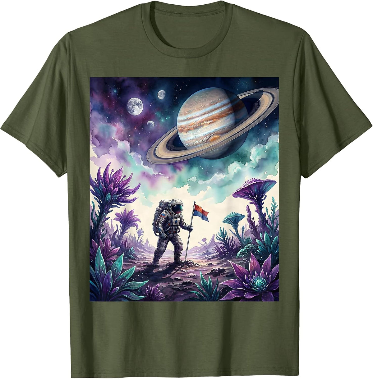 Men's Astronaut Planting Flag on Colorful Alien Planet T-Shirt - Olive Green