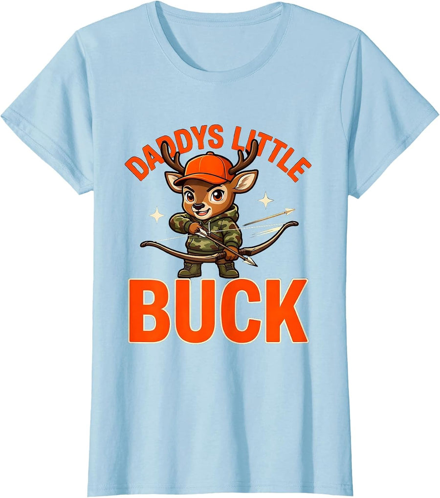 Women's DADDYS LITTLE BUCK Funny Deer Hunter Dad Fathers Day T-Shirt - Baby Blue