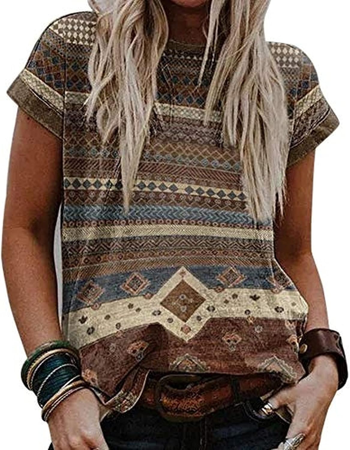Women's Western Ethnic Style Diamond Pattern Printed Crew Neck T-Shirt Western Style Short Sleeve for Women (3,L) - As