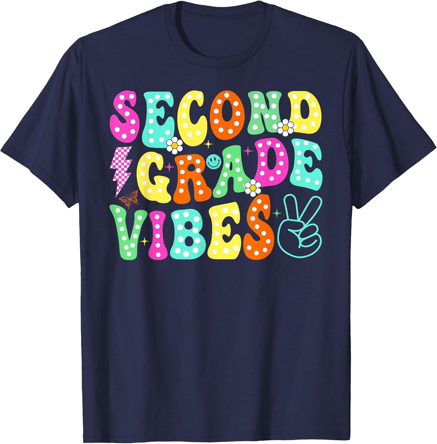 Second 2nd Grade Vibes Back to School Groovy Teacher Student T-Shirt - Navy Blue