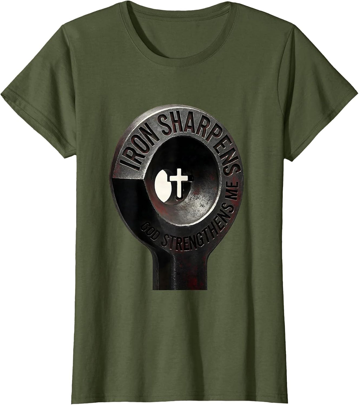 Women's Iron Sharpens God Strengthens Me Minimalist Christian Gym T-Shirt - Olive Green