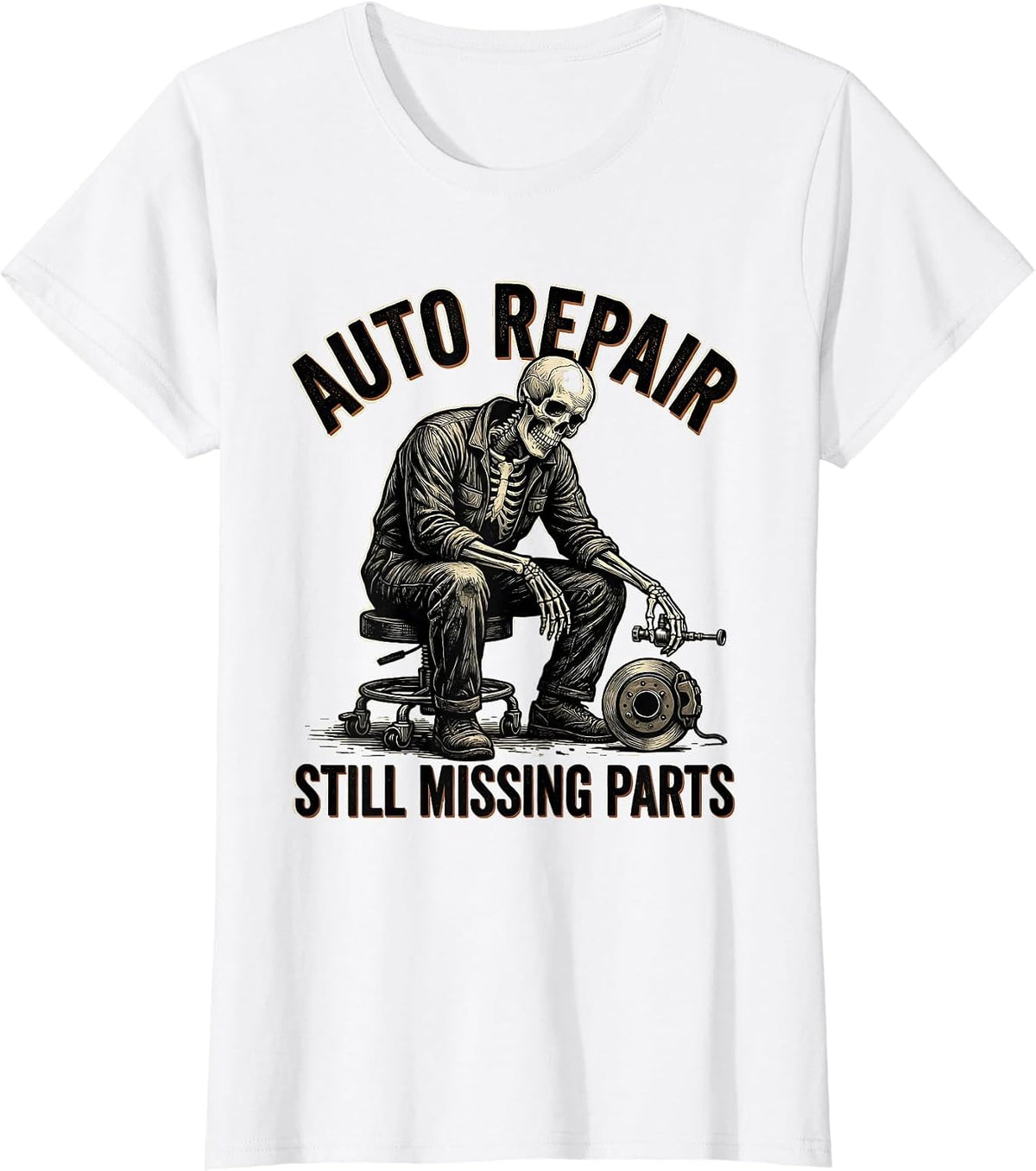 Auto Repair Still Missing Parts Funny Mechanic Skeleton T-Shirt - White