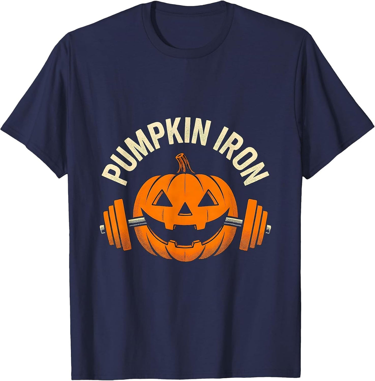 Men's Pumpkin Iron Halloween Gym Workout Lifting Pun Funny T-Shirt - Navy Blue