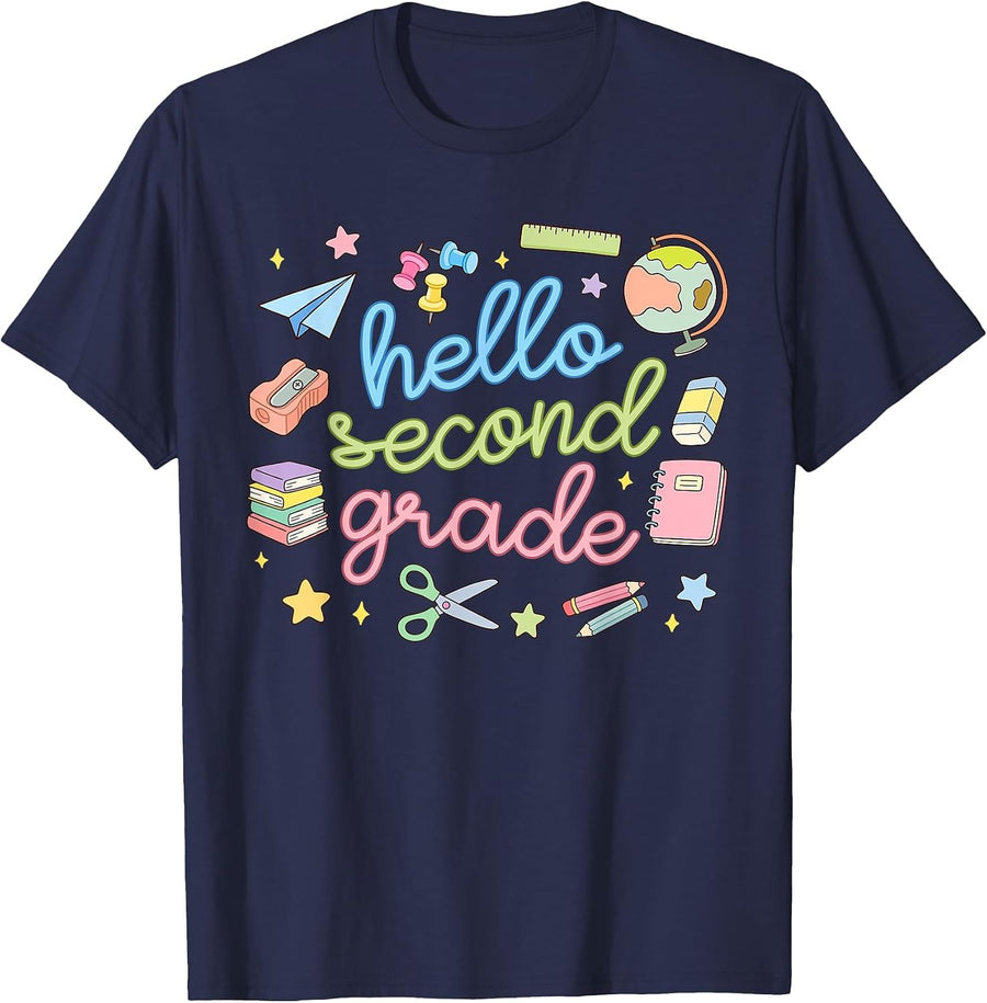 Back to School First Day Hello Second 2nd Grade Teacher Girl T-Shirt - Navy Blue