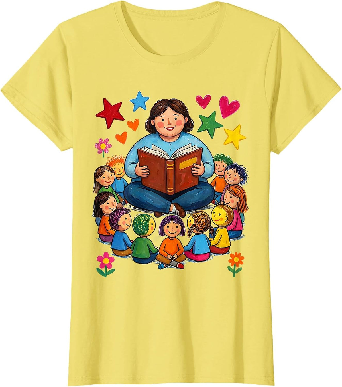 Women's Kindergarten Teacher Reading Circle Illustration T-Shirt - Lemon Yellow