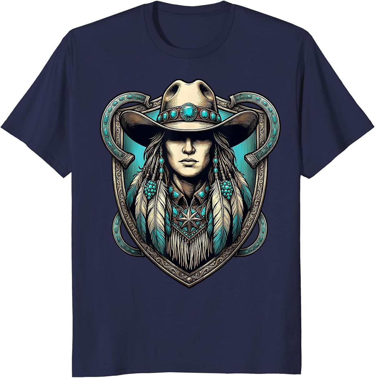 Cowgirl Turquoise Jewelry and Fringe Illustration T-Shirt - Navy Blue