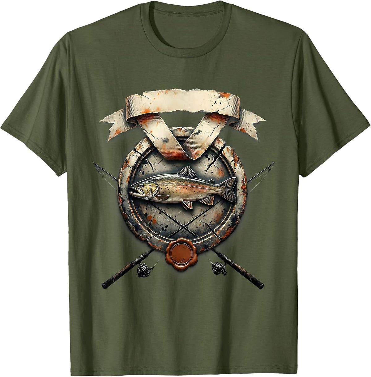 Mounted Trout Crest Distressed Fishing Humor Fan T-Shirt - Olive Green