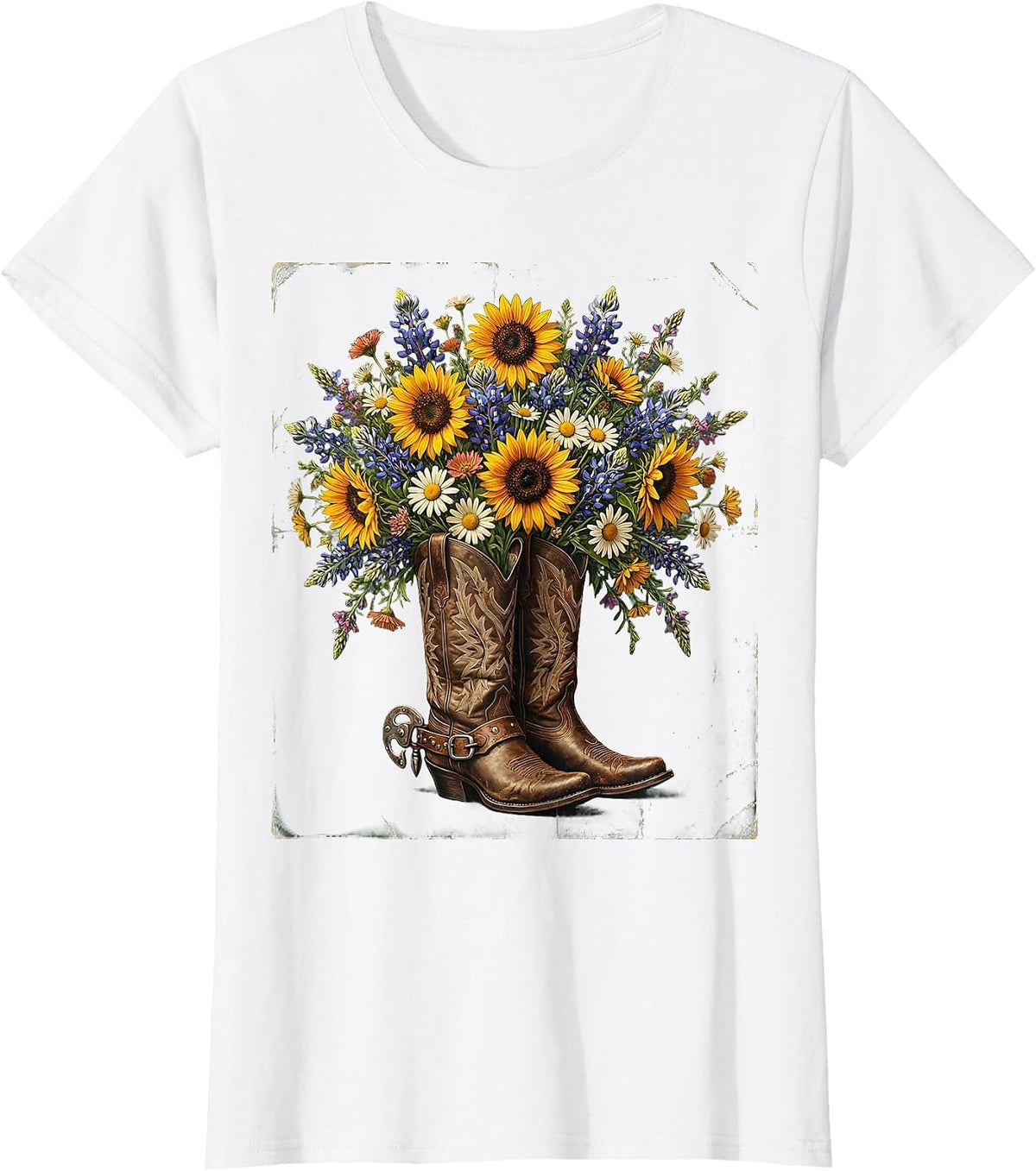Women's Cowgirl Boots Wildflowers Western Illustration T-Shirt - White
