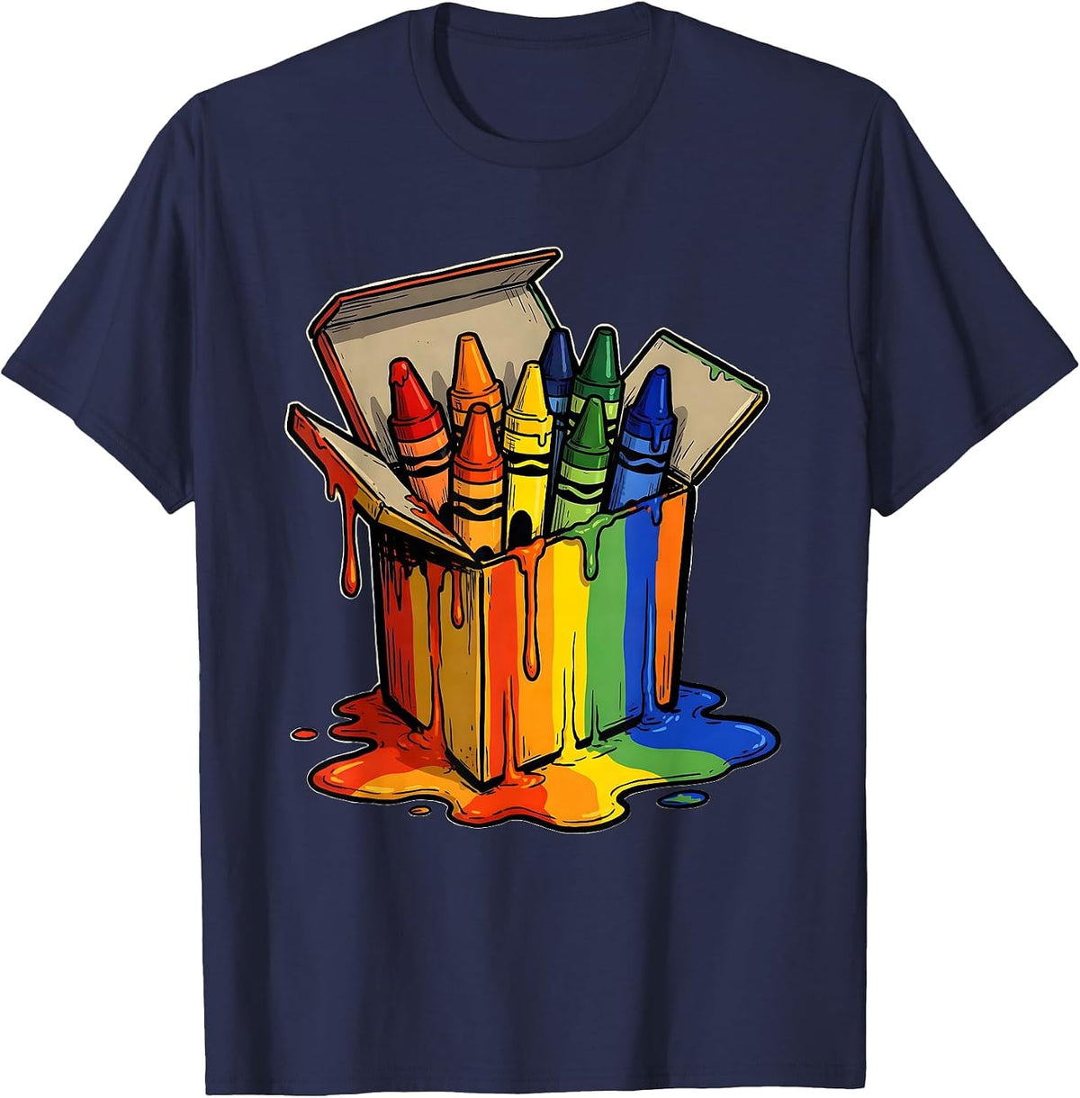 Melting Rainbow Crayon Box Preschool Art Design T-Shirt - Navy Blue