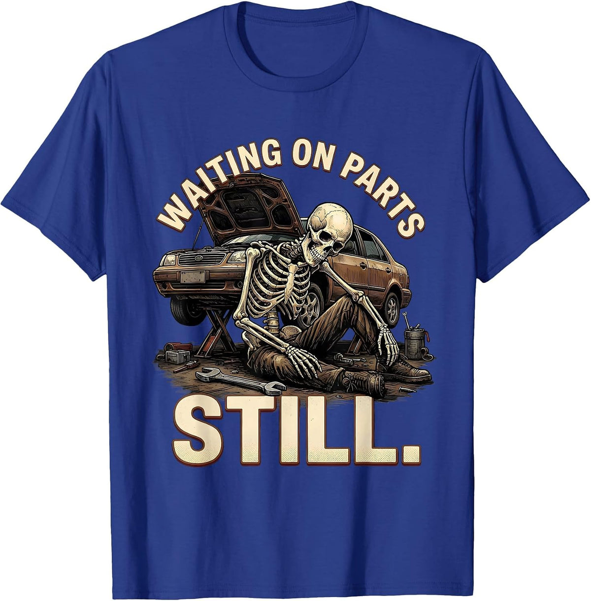 Waiting On Parts Still Funny Mechanic Skeleton Auto Repair T-Shirt - Royal Blue