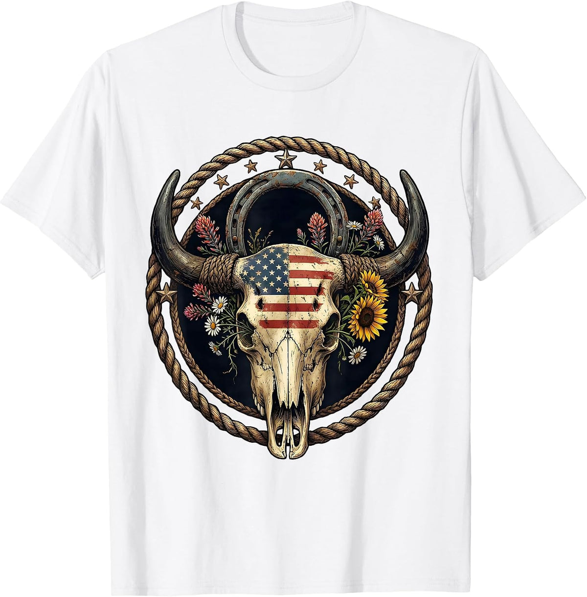 Men's Buffalo Skull Wildflowers Western Boho USA Design T-Shirt - White