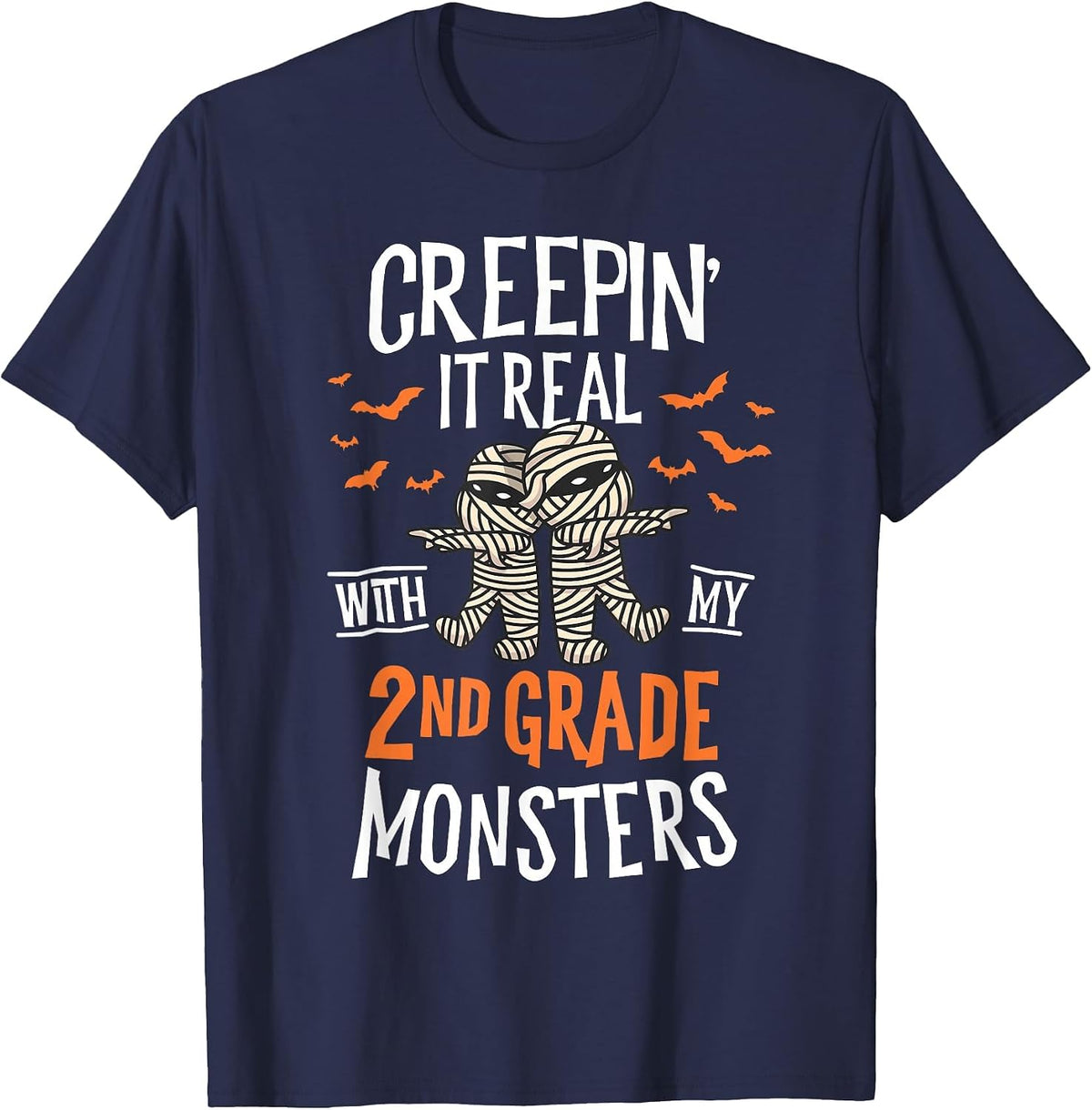 Creepin It Real with My 2nd Grade Monsters Halloween Teacher T-Shirt - Navy Blue