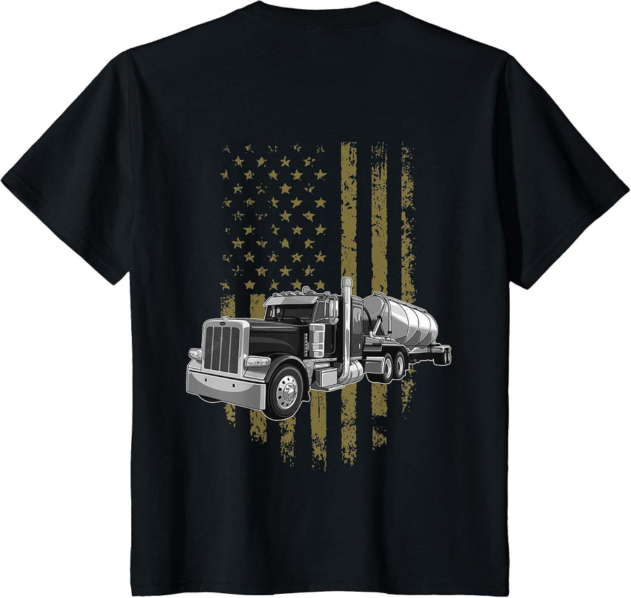 On Back- Big Rig Semi Trailer Truck Driver USA American Flag T-Shirt - Black