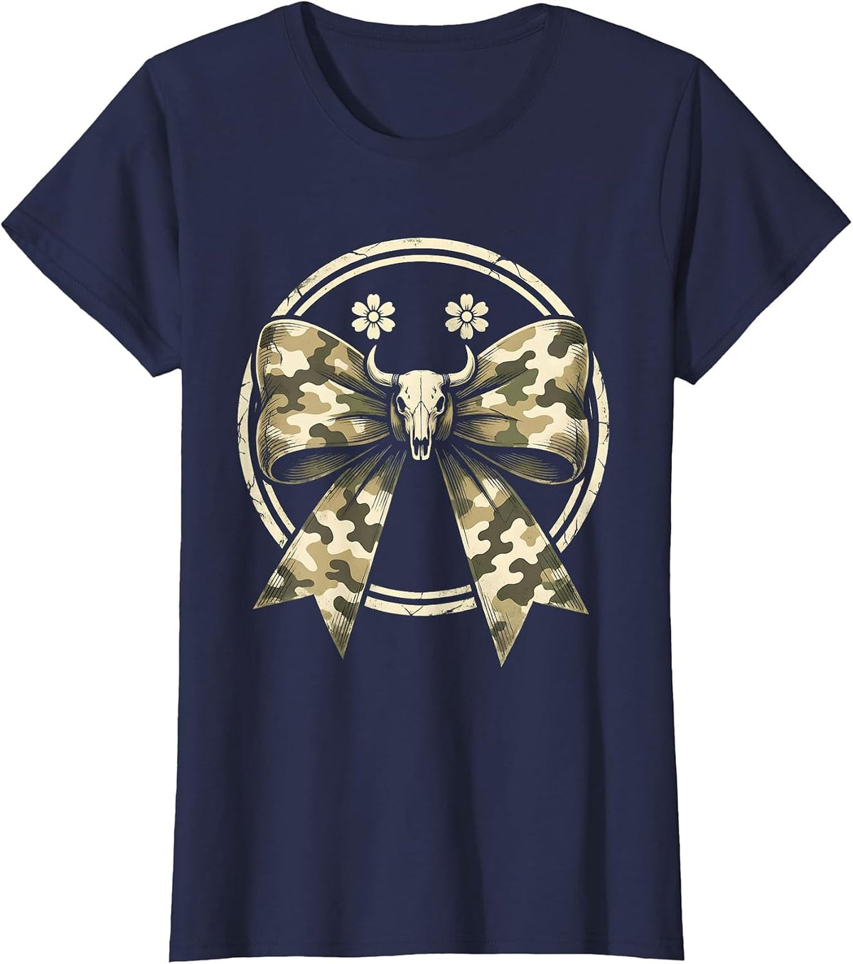 Women's Camo Bow Boho Western Hunting Woman Ol Lady Gift T-Shirt - Navy Blue