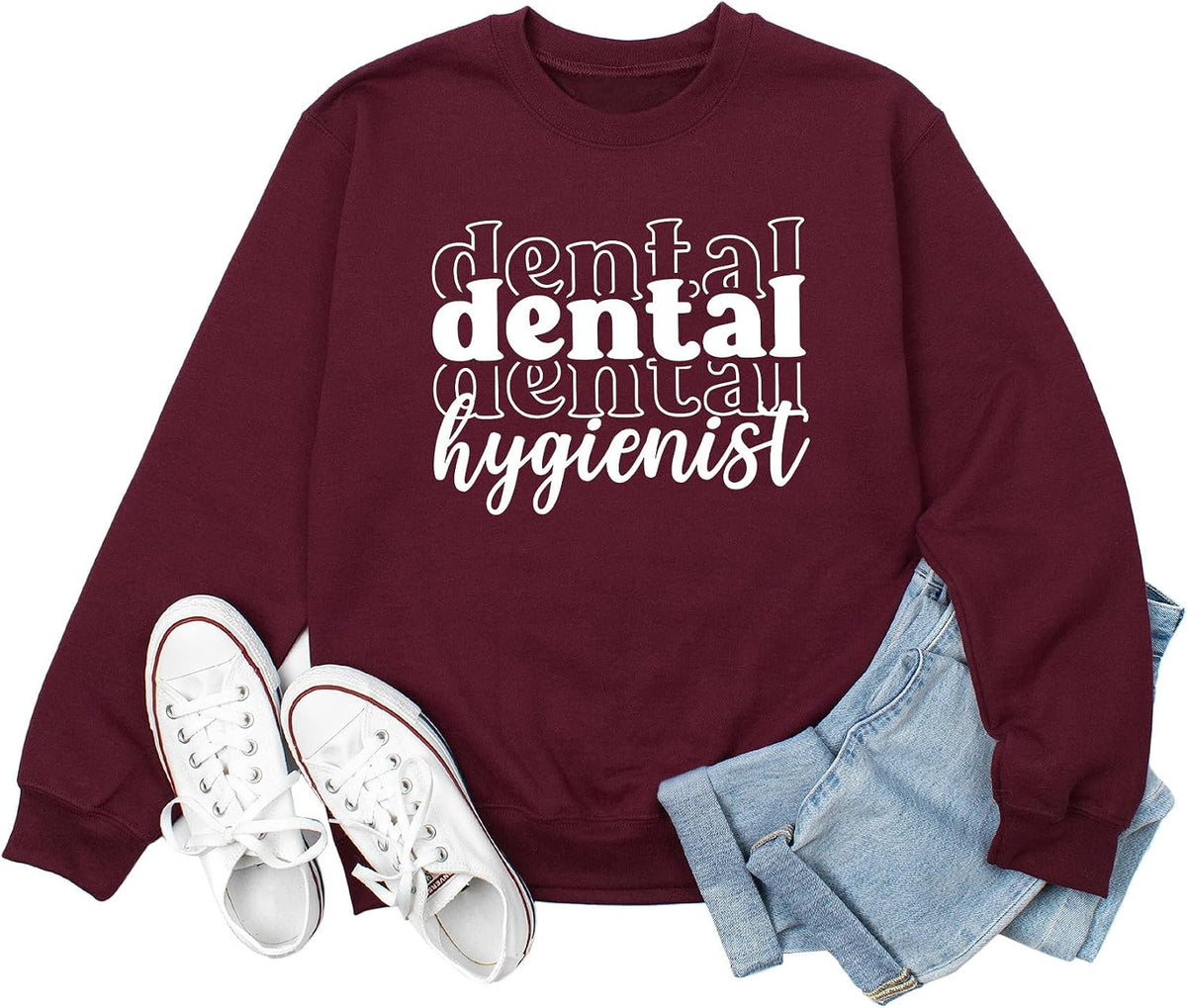 Dental Hygienist Sweatshirt for Women Dental Assistant Long Sleeve Crewneck Pullover Tops Dentist Appreciation Gift - Red