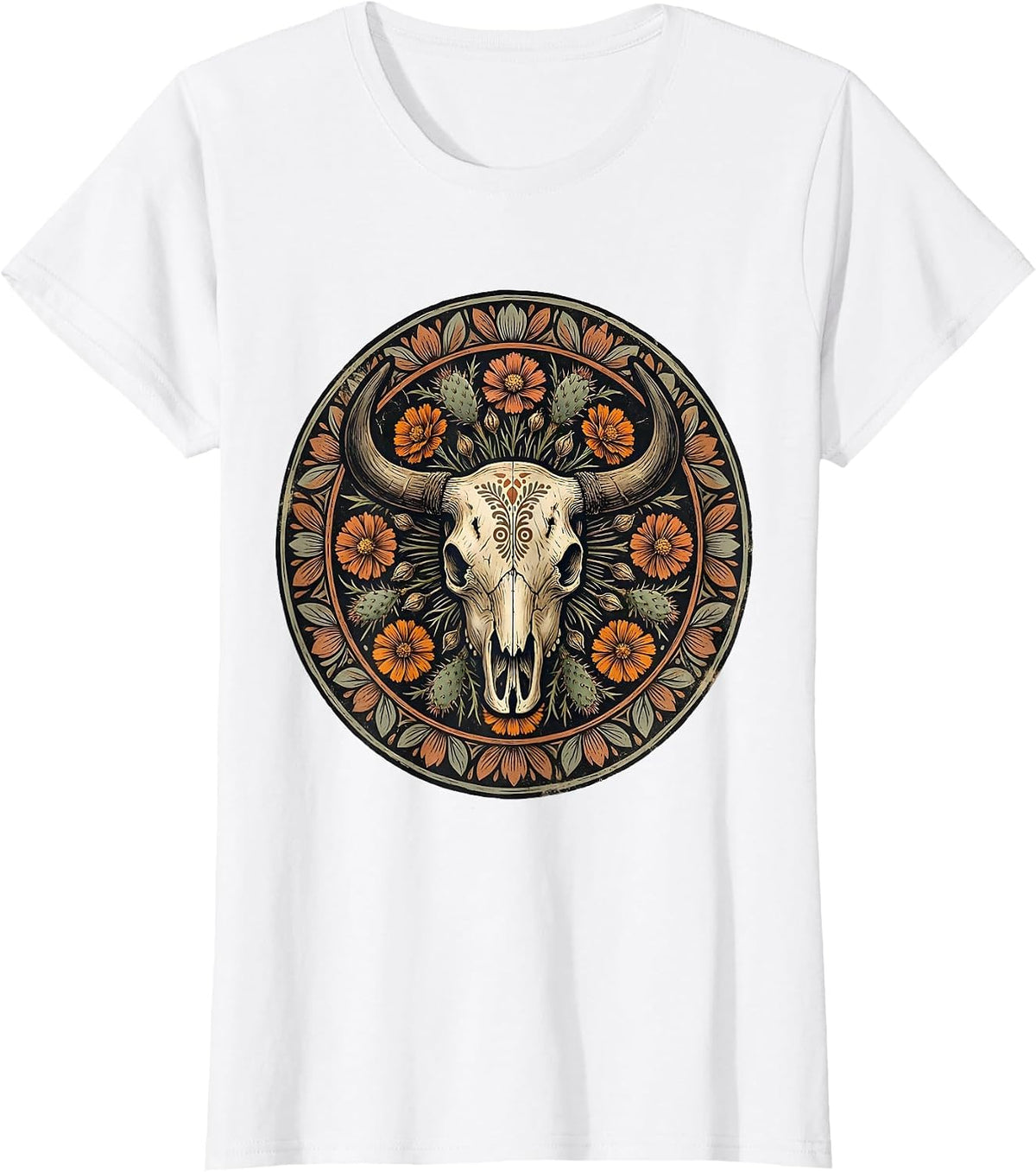 Women's Bull Skull Desert Wildflowers Boho Western Art T-Shirt - White