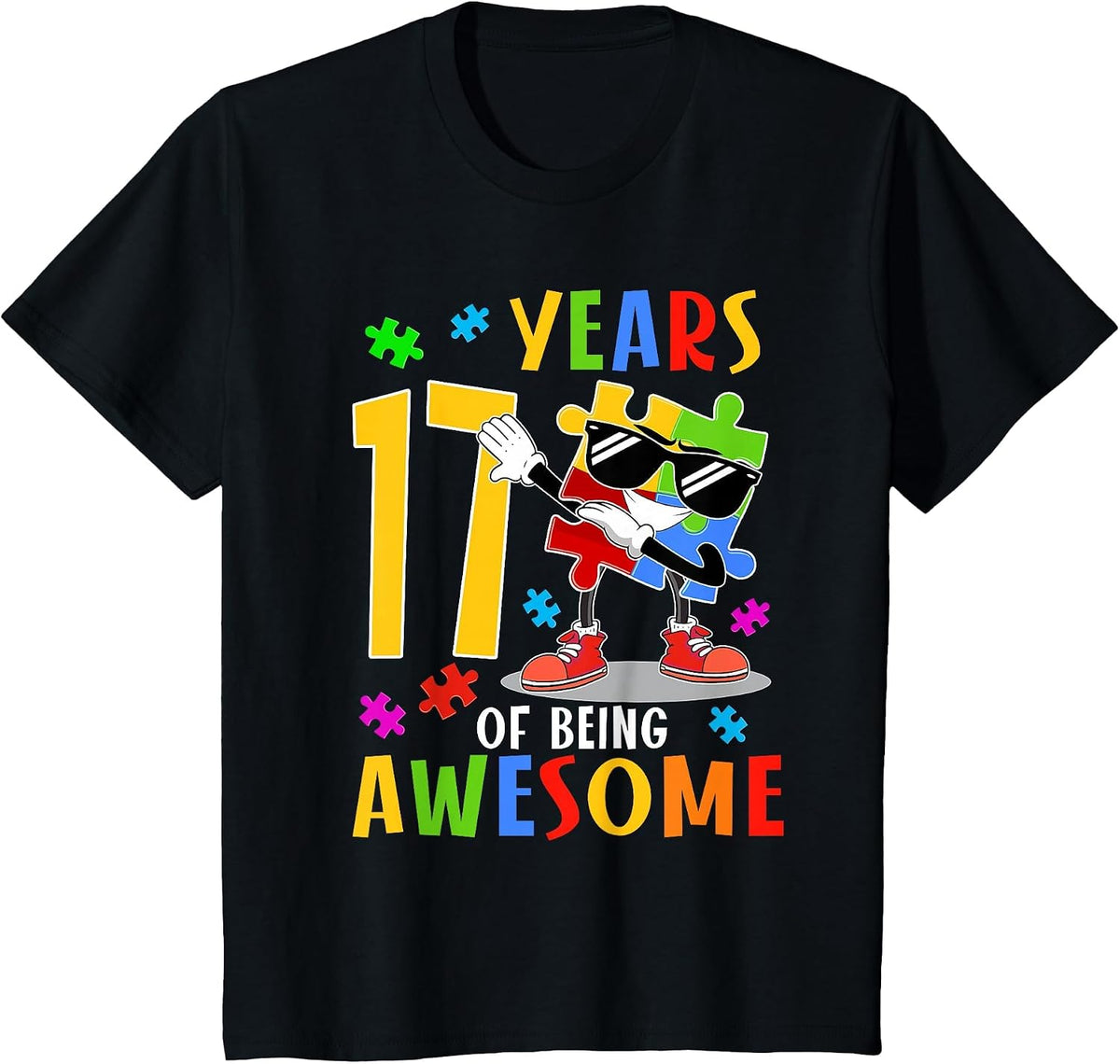 17 Years of Being Awesome Birthday Dabbing Autism Puzzle T-Shirt - Black