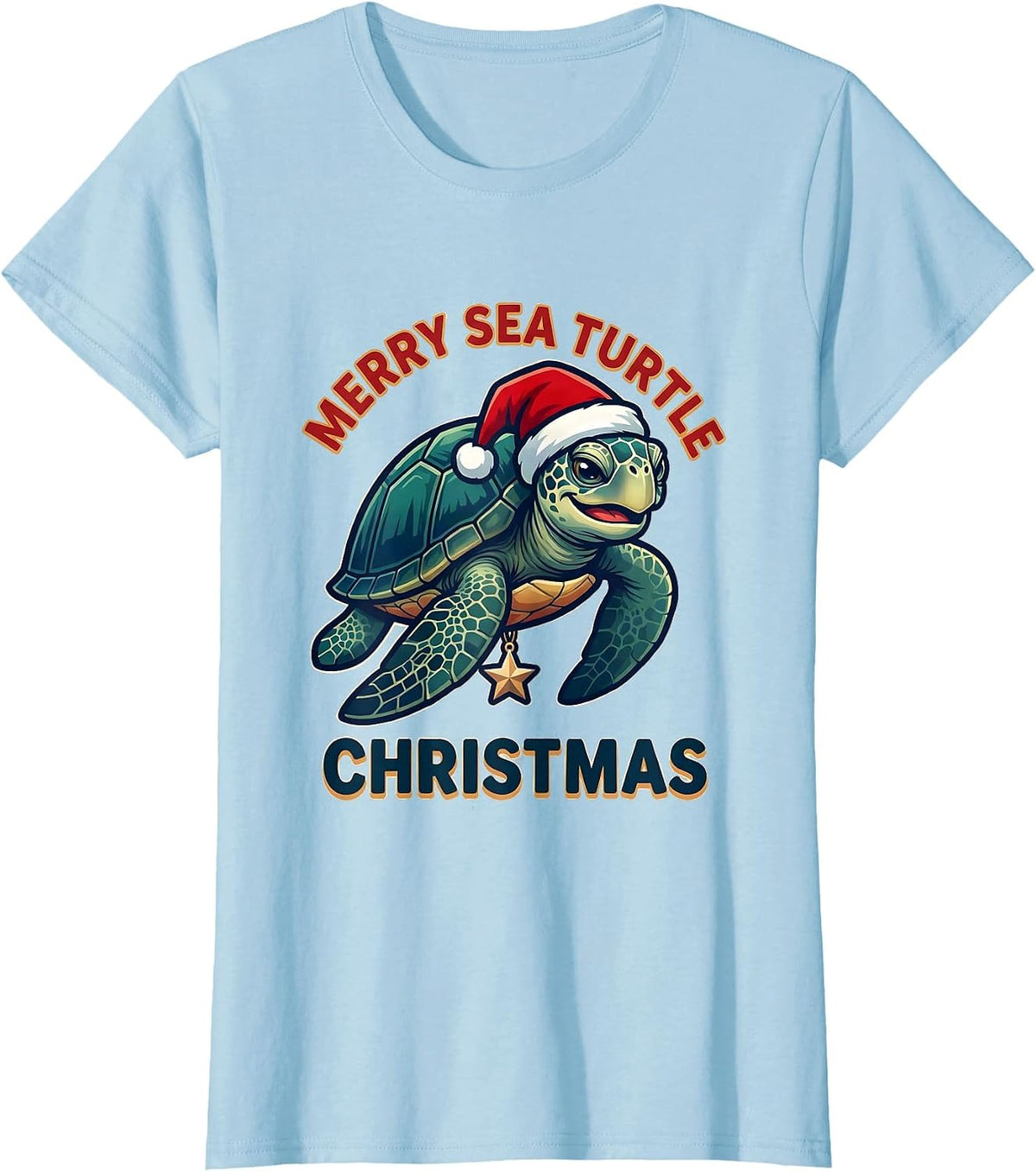 Women's Merry Sea Turtle Christmas Whimsical Sea Turtle Lover T-Shirt - Baby Blue