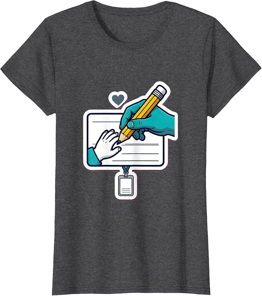 Women's Handprint Pencil Guide Paraeducator Appreciation Sticker T-Shirt - Dark Heather Grey