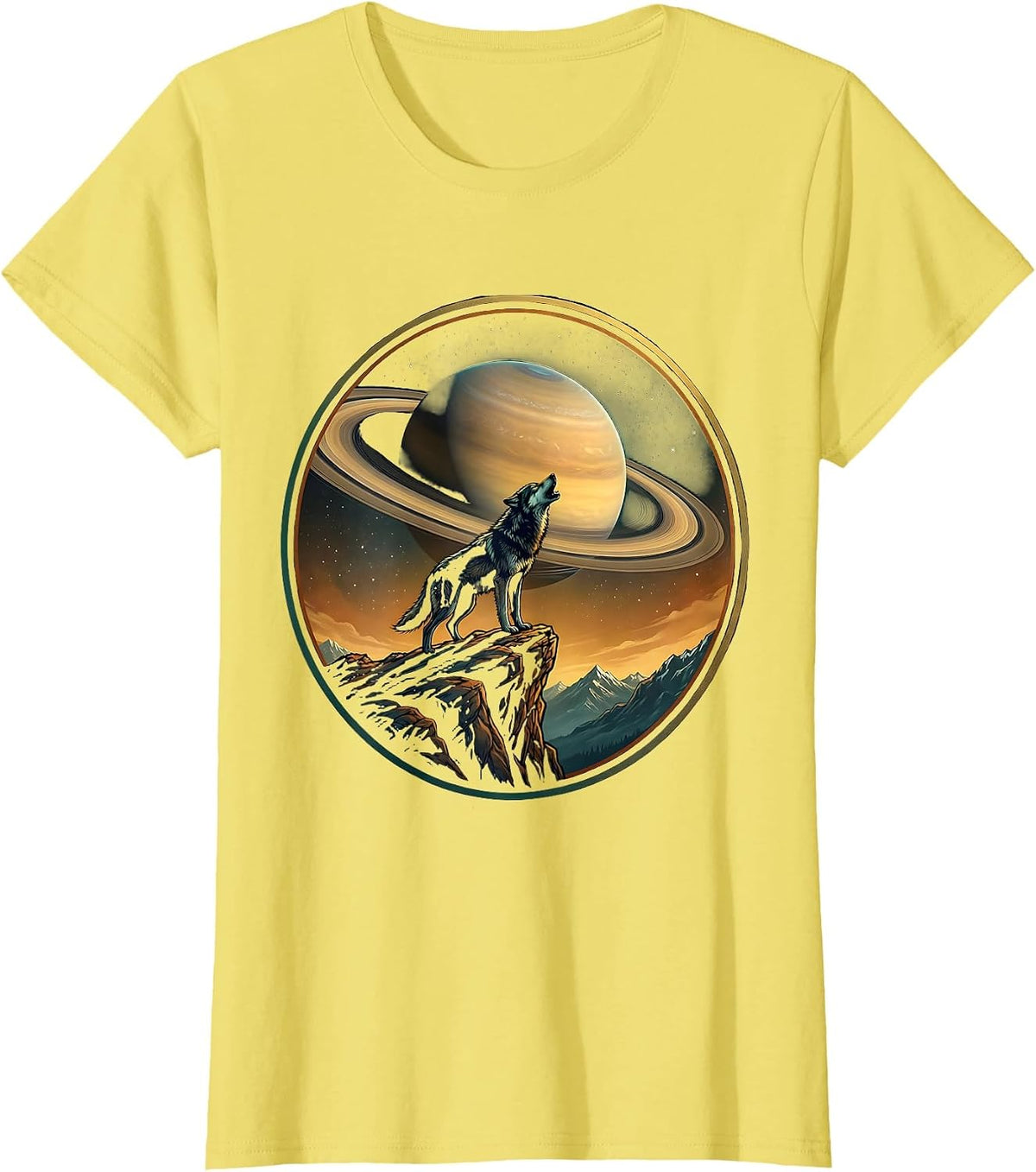 Women's Wolf Howling at Ringed Planet Space Illustration T-Shirt - Lemon Yellow