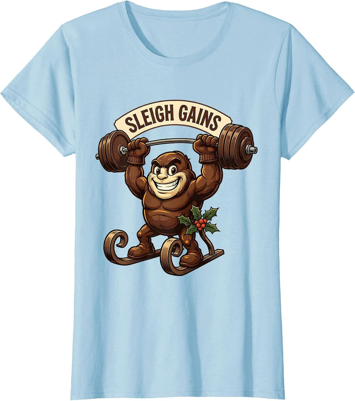 Sleigh Gains Retro Advertising Mascot Funny Christmas Gym T-Shirt - Baby Blue