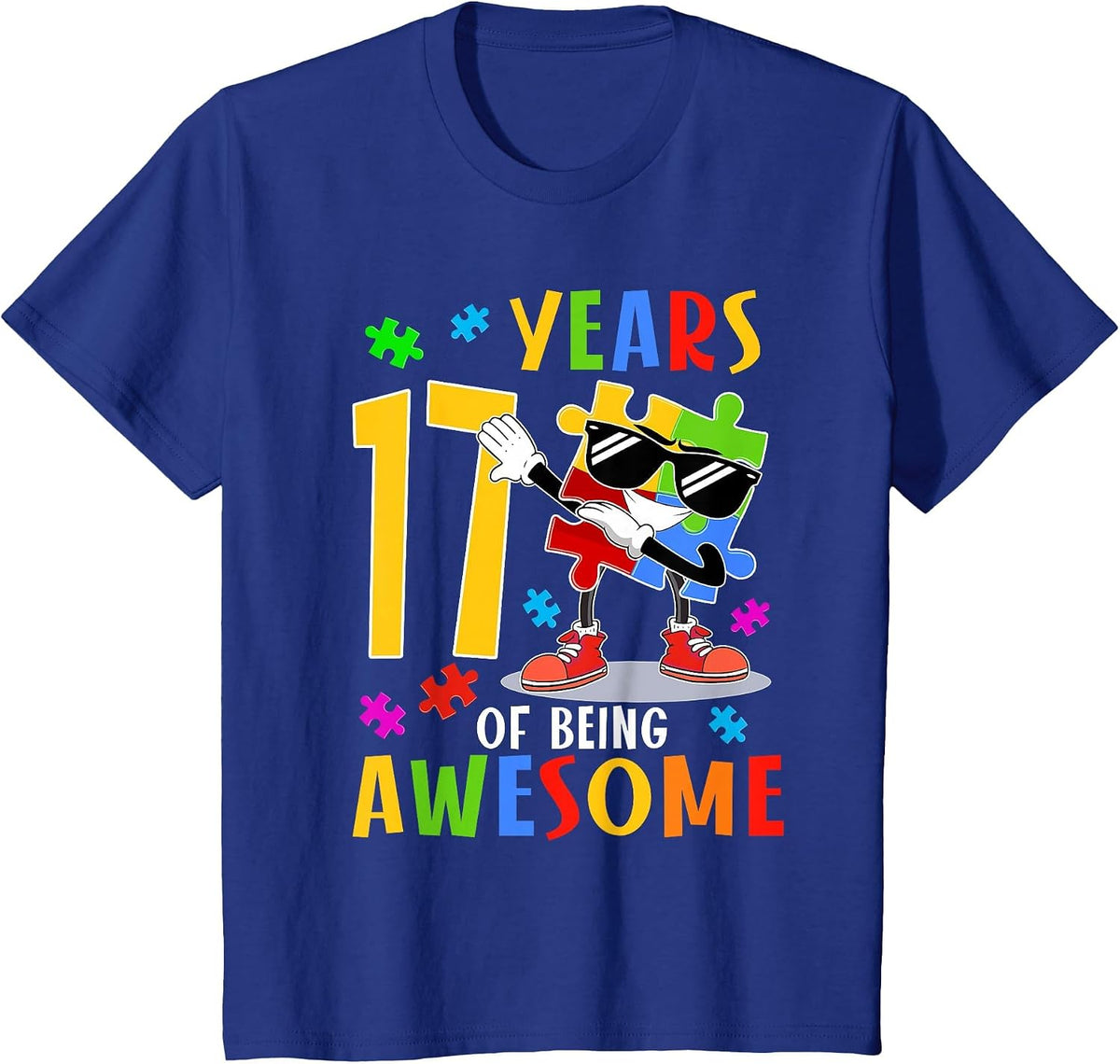 17 Years of Being Awesome Birthday Dabbing Autism Puzzle T-Shirt - Royal Blue