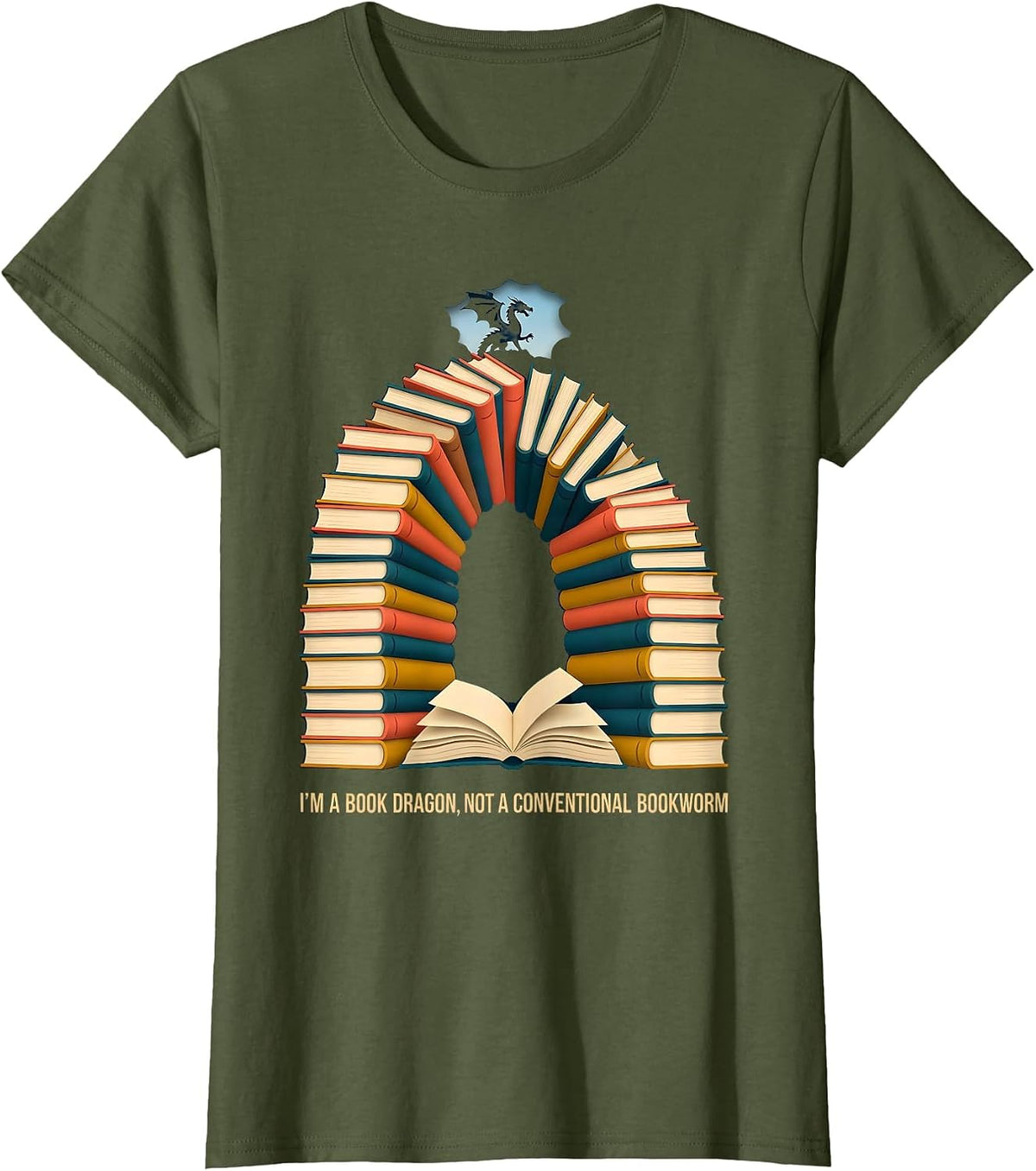 Women's I'm A Book Dragon, Not A Conventional Bookworm Funny T-Shirt - Olive Green