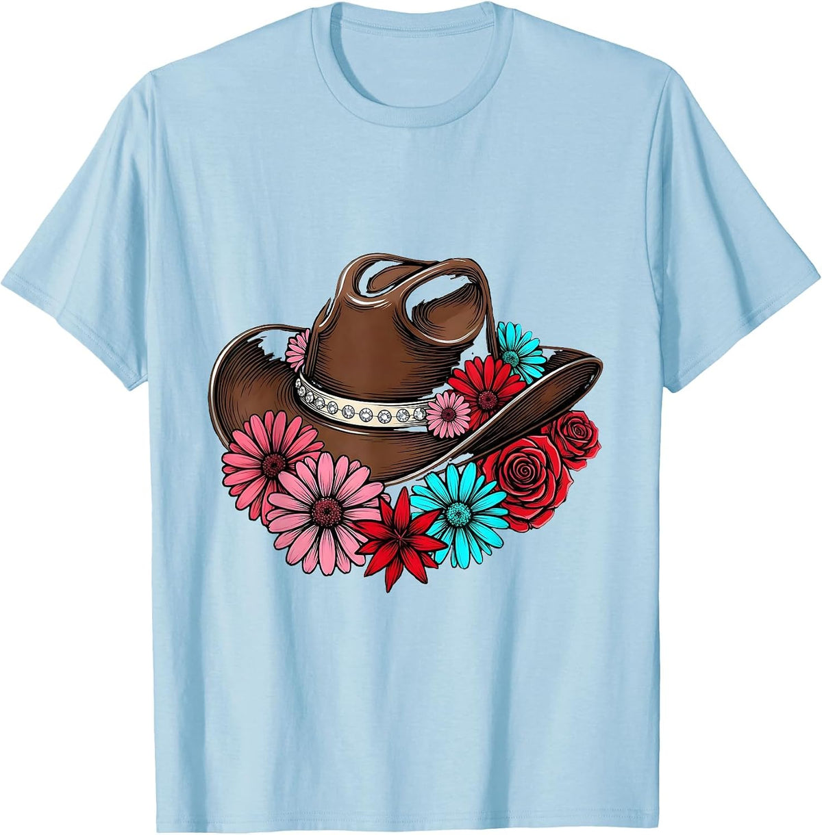 Men's Cowgirl Hat Wildflowers Boho Western Floral Design T-Shirt - Baby Blue