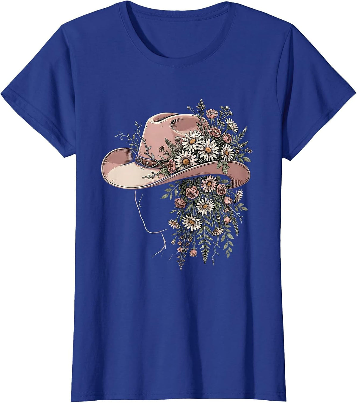 Women's Wildflower Cowboy Hat Western Boho Illustration T-Shirt - Royal Blue