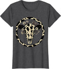 Women's Cow Skull Wildflowers Boho Western Floral Illustration T-Shirt - Dark Heather Grey