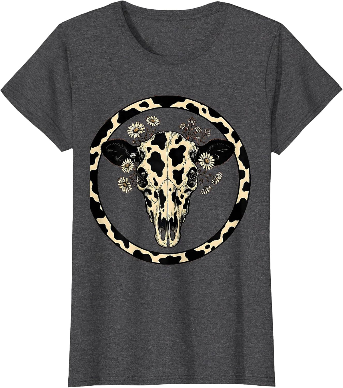 Women's Cow Skull Wildflowers Boho Western Floral Illustration T-Shirt - Dark Heather Grey