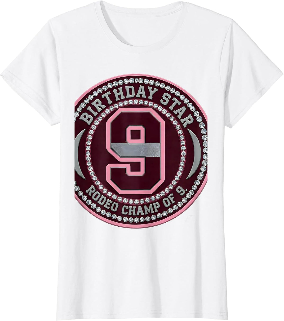 Birthday Star Rodeo Champ of 9 Sparkle Varsity Disco Cowgirl T-Shirt - White