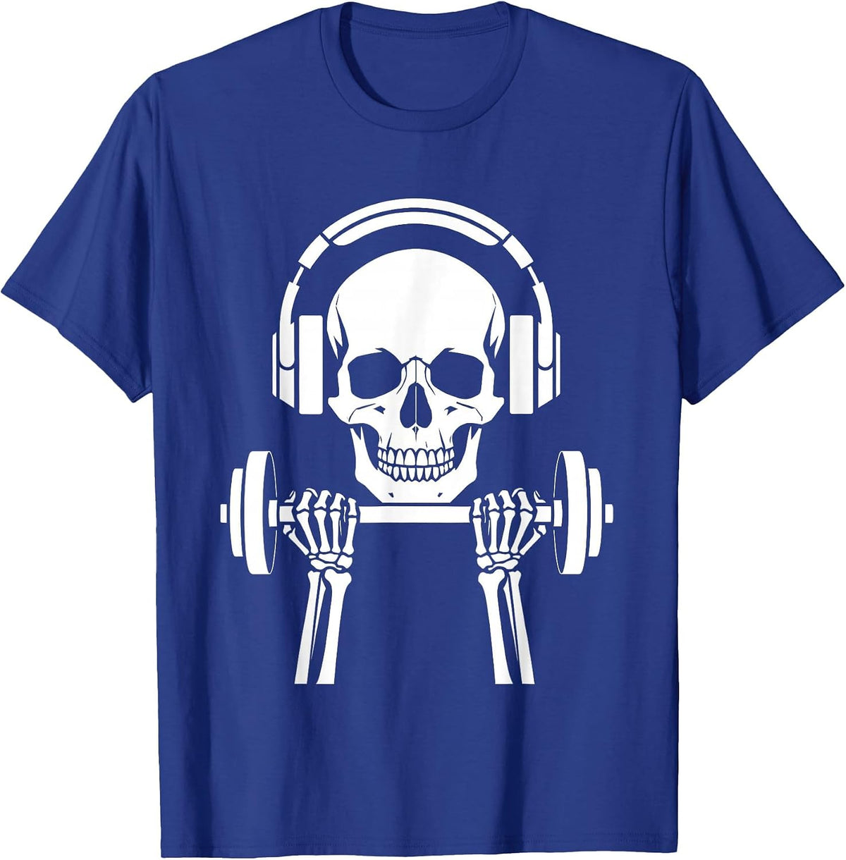 Skull Headphones Weightlifting Graphic Design T-Shirt - Royal Blue