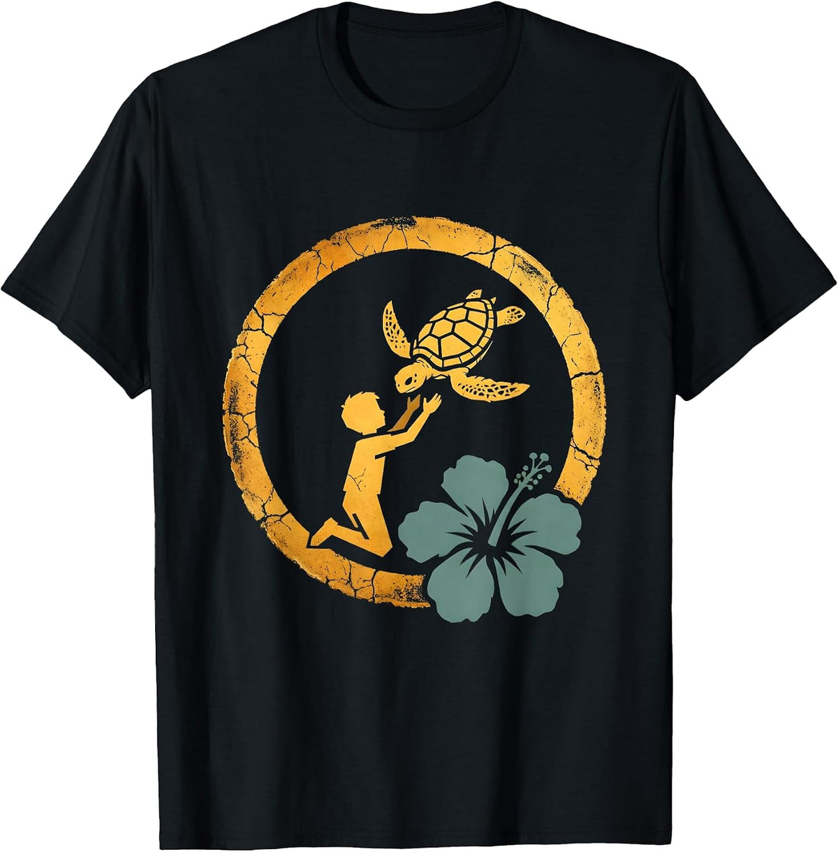 Men's Hawaiian Boy Releasing Sea Turtle Ocean Graphic T-Shirt - Black