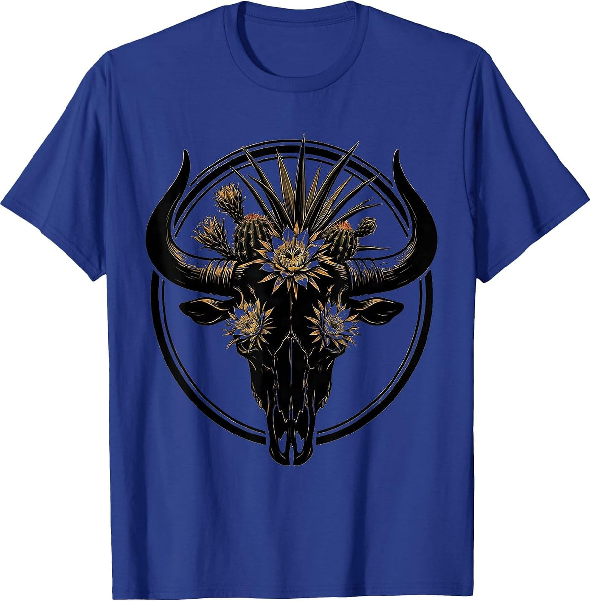 Bull Skull Desert Flowers Boho Western Graphic Tee T-Shirt - Royal Blue