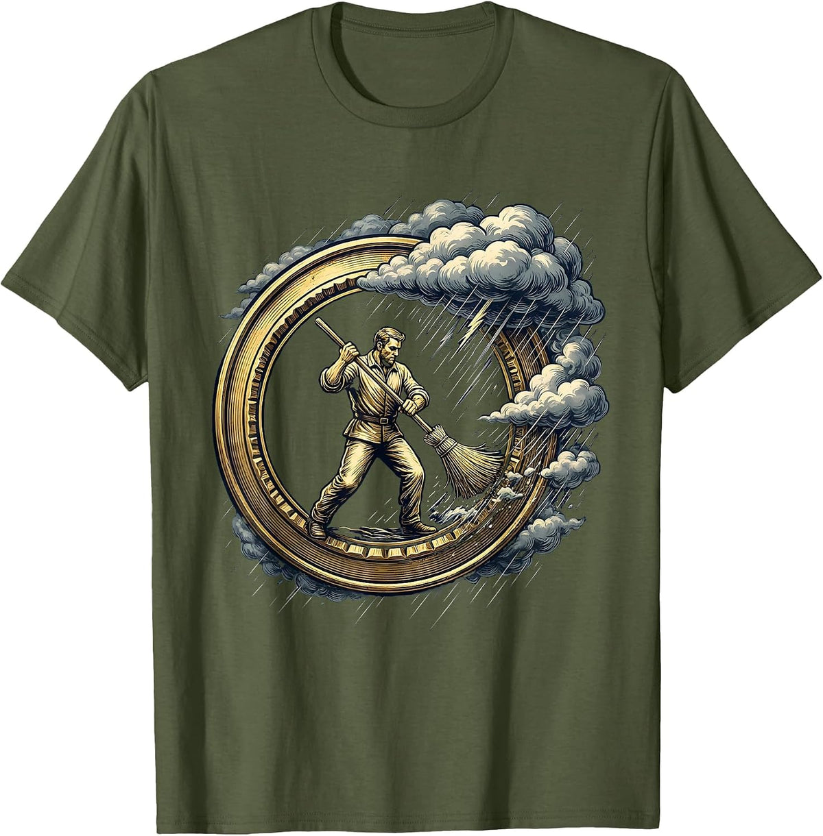 Emotional Support Husband Storm Chaser Broom Art T-Shirt - Olive Green